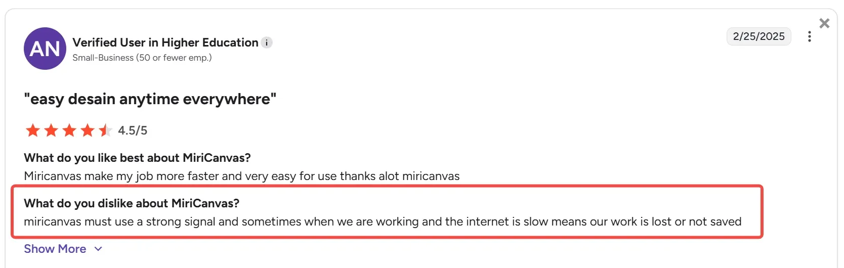 ภาพหน้าจอรีวิวผู้ใช้ MiriCanvas แสดงความคิดเห็นเกี่ยวกับปัญหาการเชื่อมต่ออินเทอร์เน็ต
