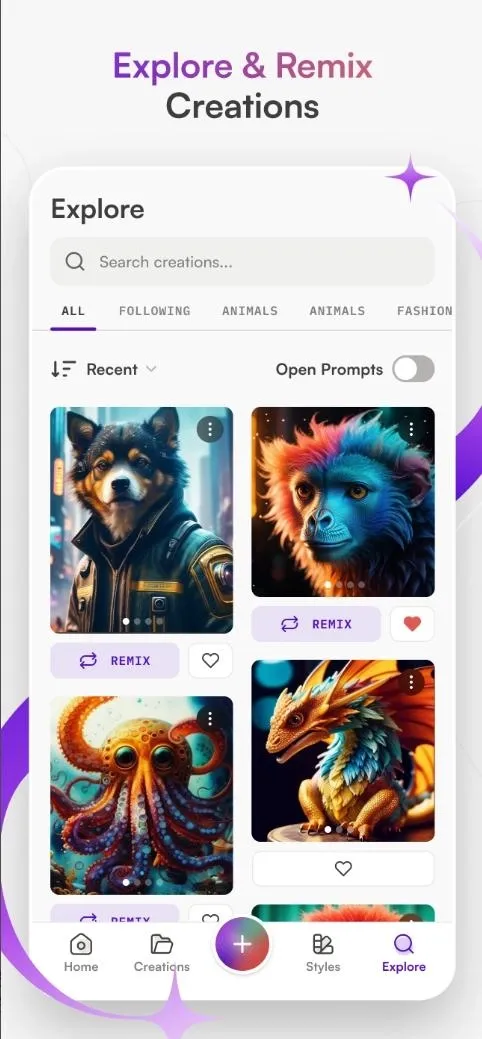 Mobile app screen for exploring and remixing AI image creations