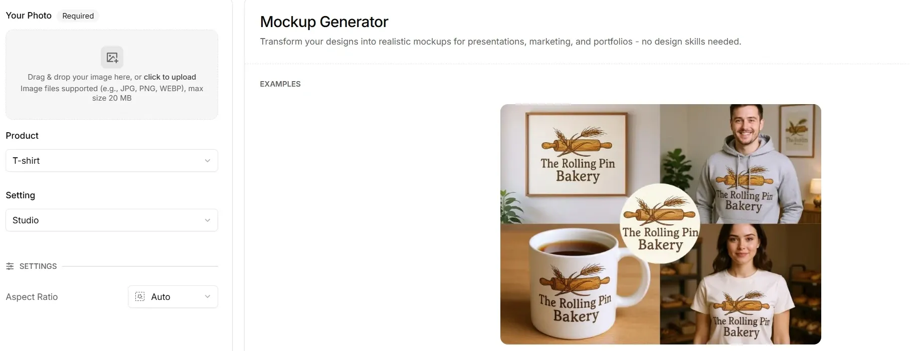 Pollo AI mockup generator tool interface with product mockup examples