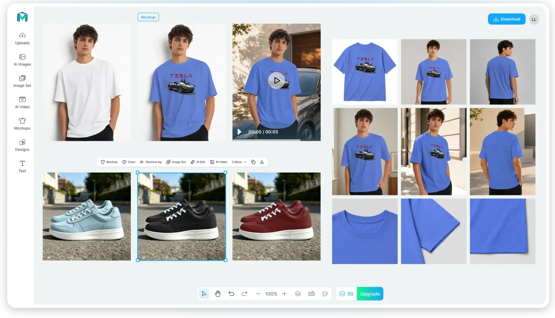 Modell mit verschiedenen T-Shirts und Turnschuhen in unterschiedlichen Farben.
