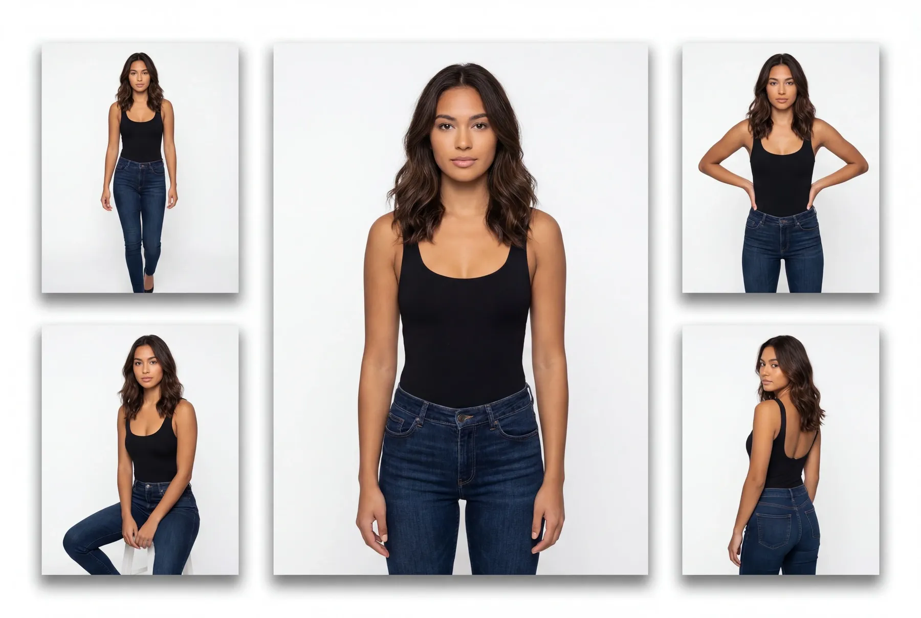 Ein Model posiert in einem schwarzen Top und blauen Jeans aus verschiedenen Blickwinkeln.