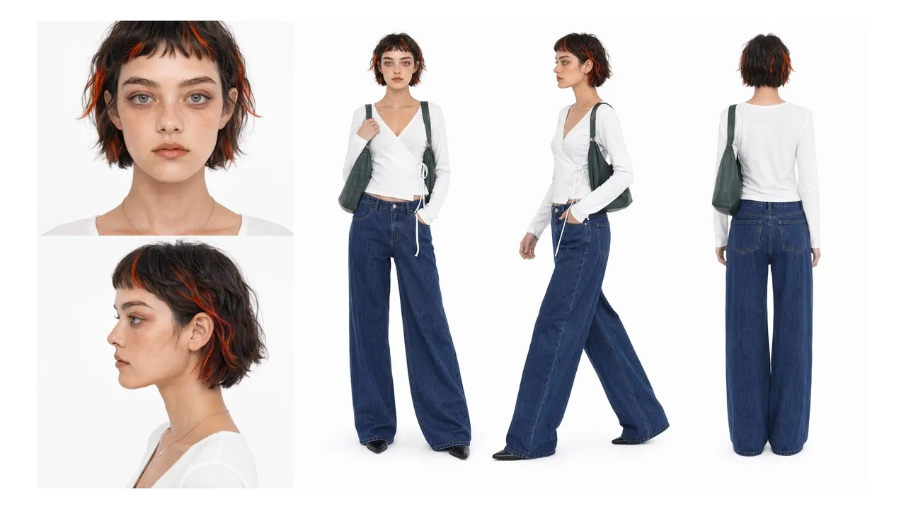 A model poses in a white top and wide-leg jeans with a green bag.