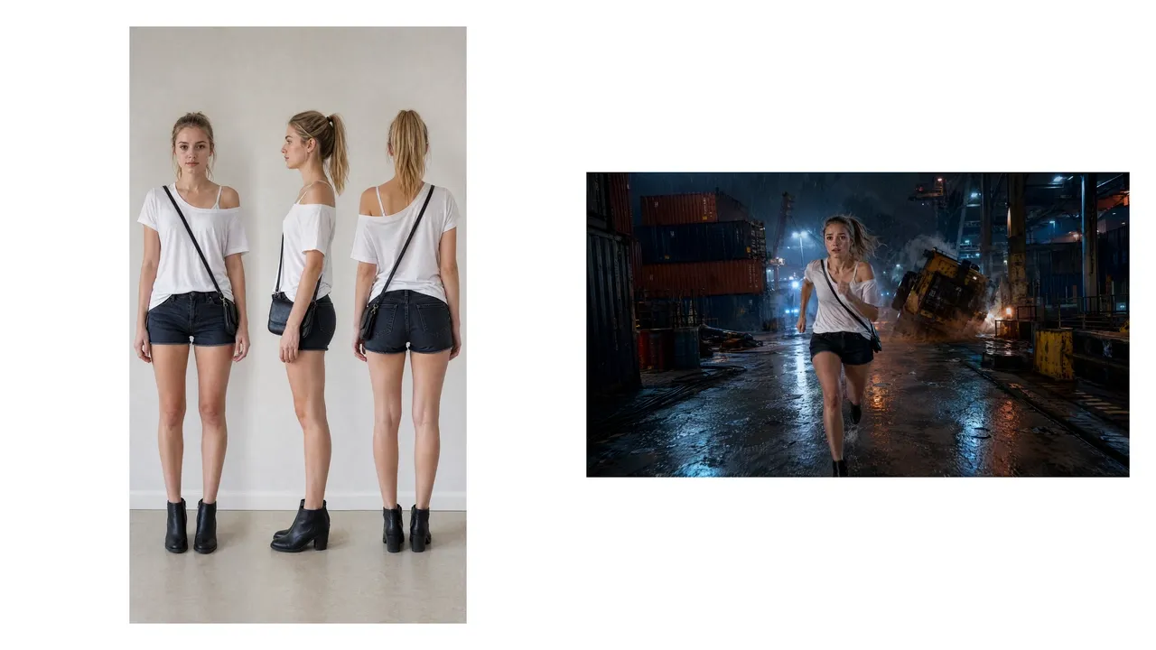 A model poses in a white top and shorts, then runs in a dramatic urban setting.