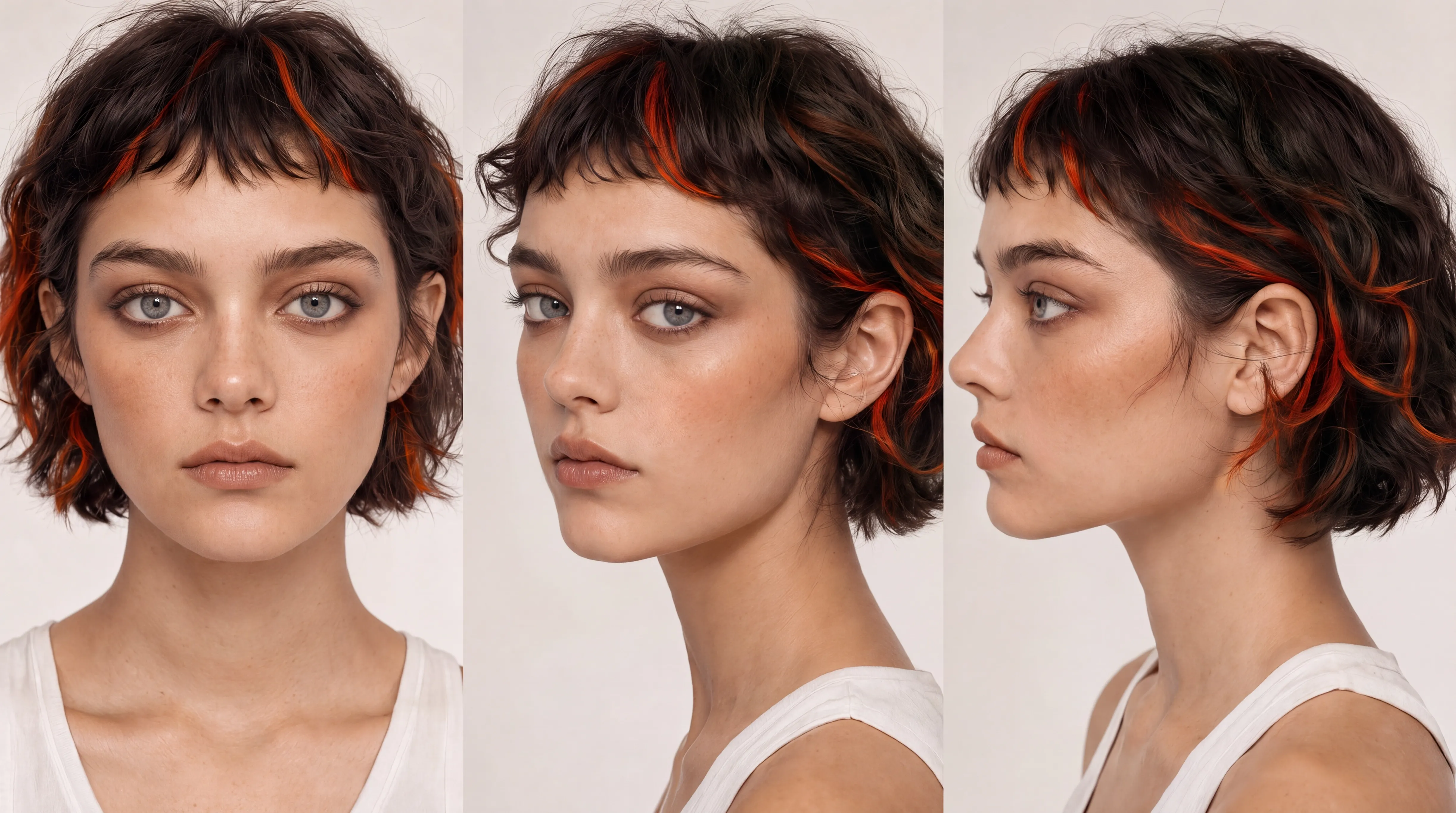 A model with short hair featuring orange highlights, shown from three angles.
