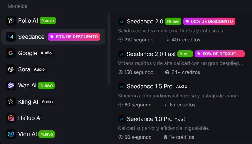 Captura de pantalla de los modelos de IA en Pollo AI