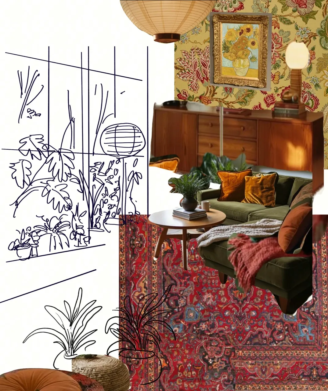 Un elegante soggiorno con piante, un divano verde ed elementi decorativi.