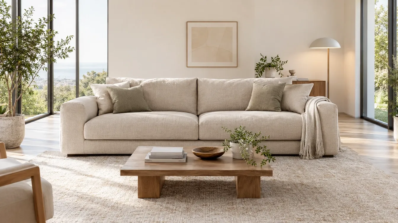 A cozy living room with a beige sofa, wooden coffee table, and plants.