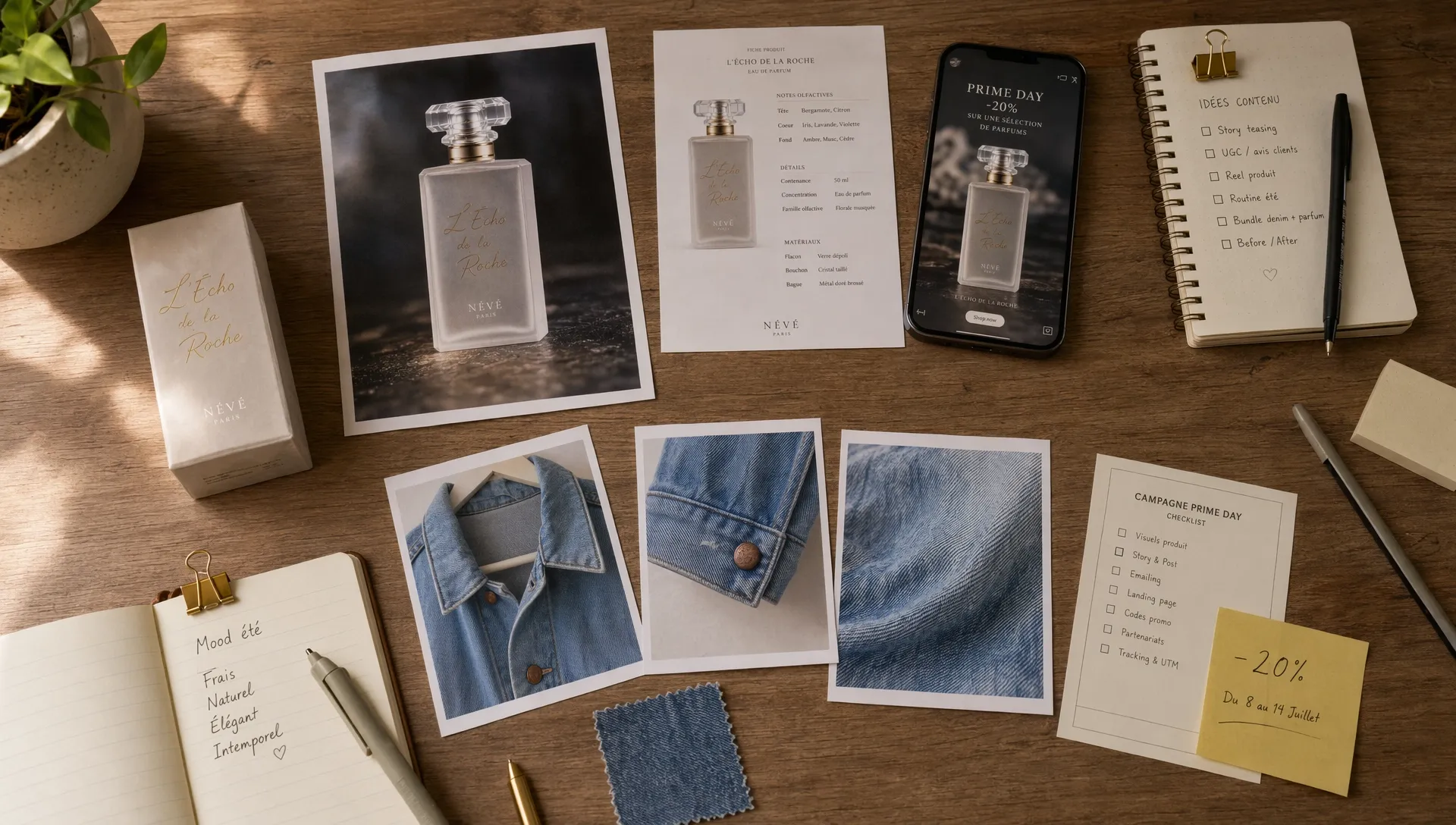 Moodboard de campagne Prime Day avec photos de parfum, veste en jean, visuel mobile et checklist promotionnelle
