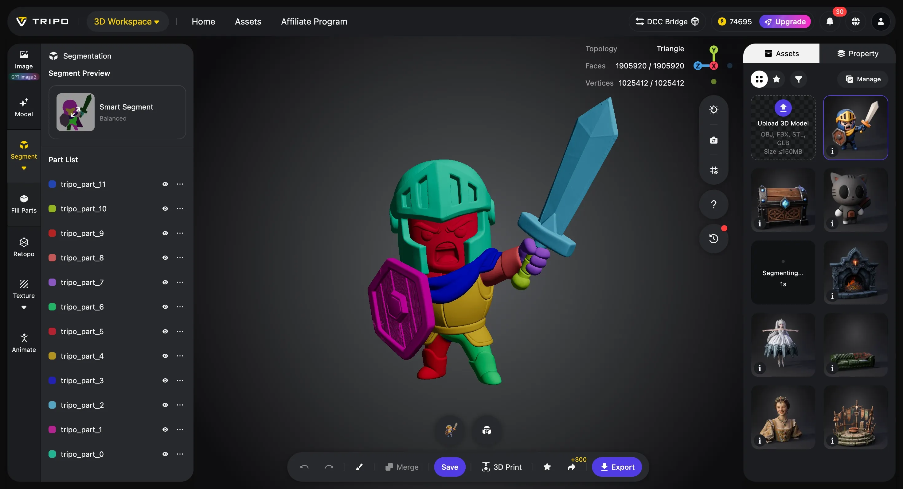 Tripo AI segmentation panel showing editable parts of a 3D warrior character model