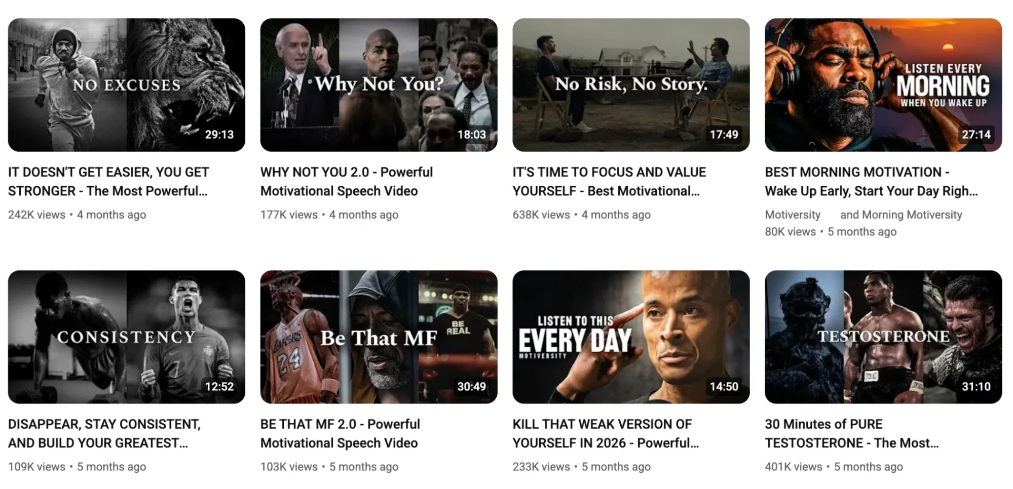 Подборка превью мотивационных видеороликов на YouTube с вдохновляющими фразами, такими как: