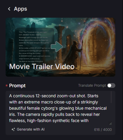 Painel de configurações de geração de vídeo por IA mostrando opções de duração do vídeo, proporção, visibilidade e custo em créditos