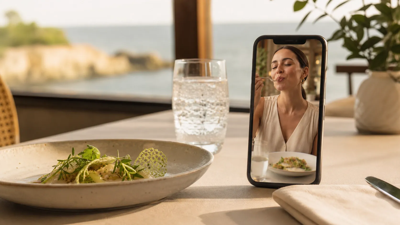 Una mujer disfruta de su comida mientras la graba en su teléfono.