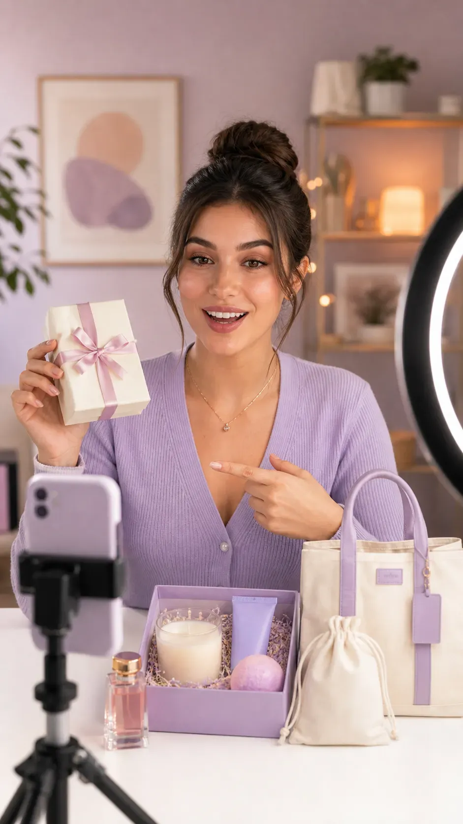 Una mujer sonriente sostiene un regalo mientras señala a la cámara.