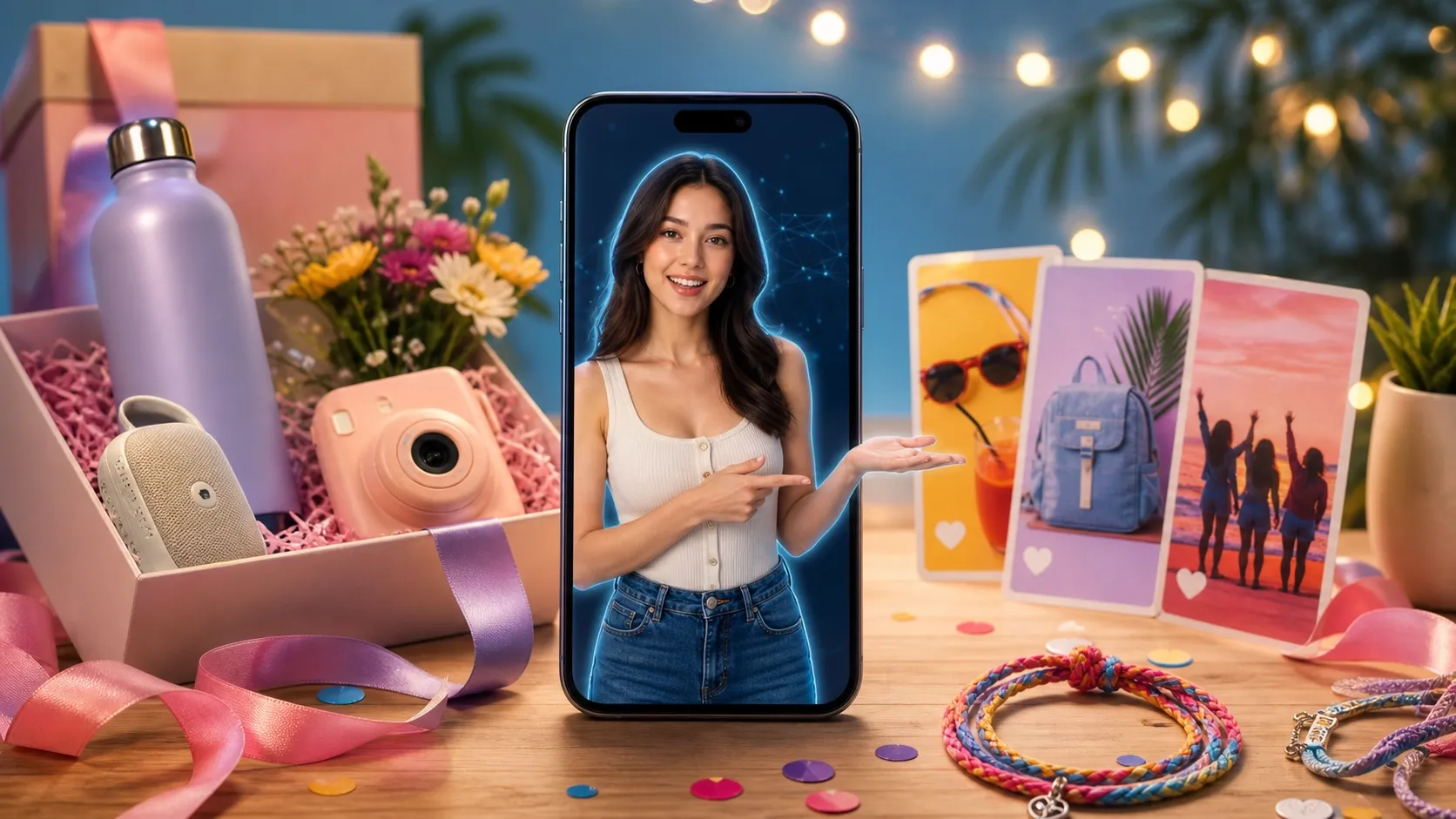 Una mujer sonriente muestra contenido en un teléfono rodeado de decoraciones.