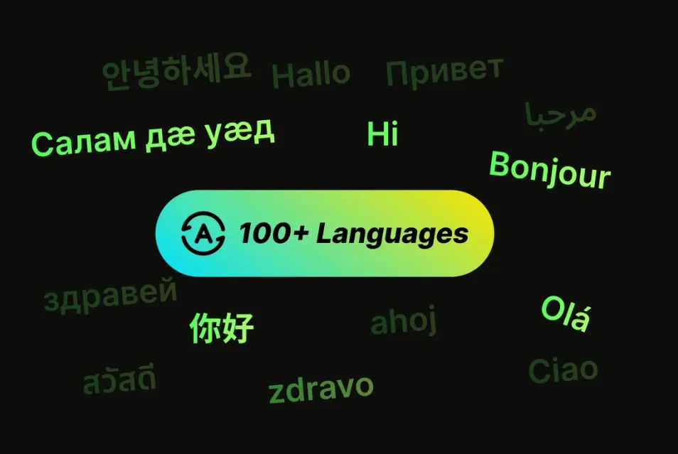 Multi-language support feature showcasing over 100 languages for translation and localization