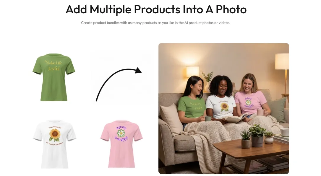 Three women in colorful t-shirts enjoy a cozy moment on a couch.