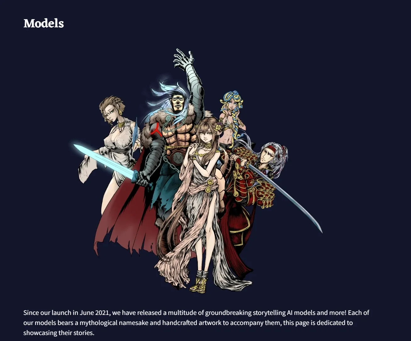 Mythological style AI model character group illustration, showing exclusive original paintings of storytelling AI models