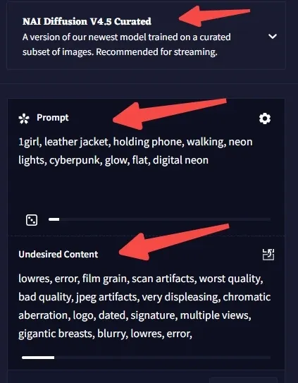 NovelAI Diffusion painting parameter panel, marked with positive prompts, negative prompts and generation model options