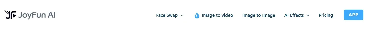 Barre de navigation supérieure du site web JoyFun AI avec des menus tels que Face Swap, Image to Video et Pricing