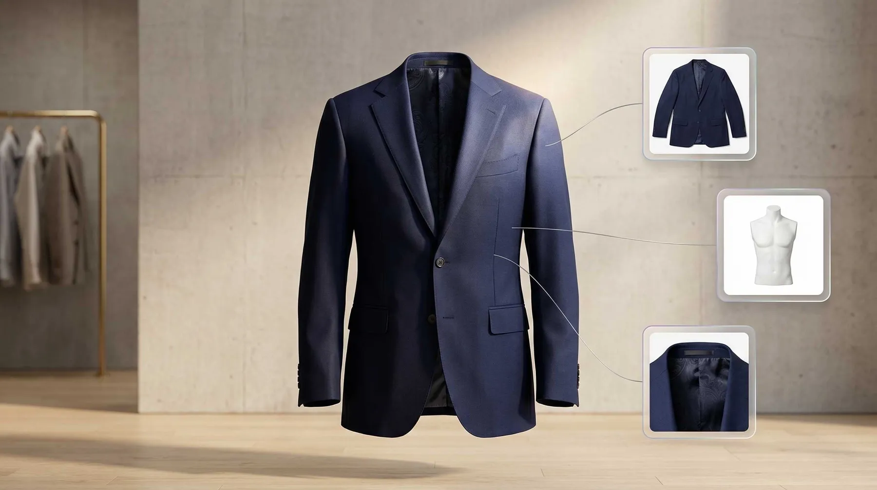 Ein marineblauer Blazer mit Designdetails und einer Schaufensterpuppen-Kontur.