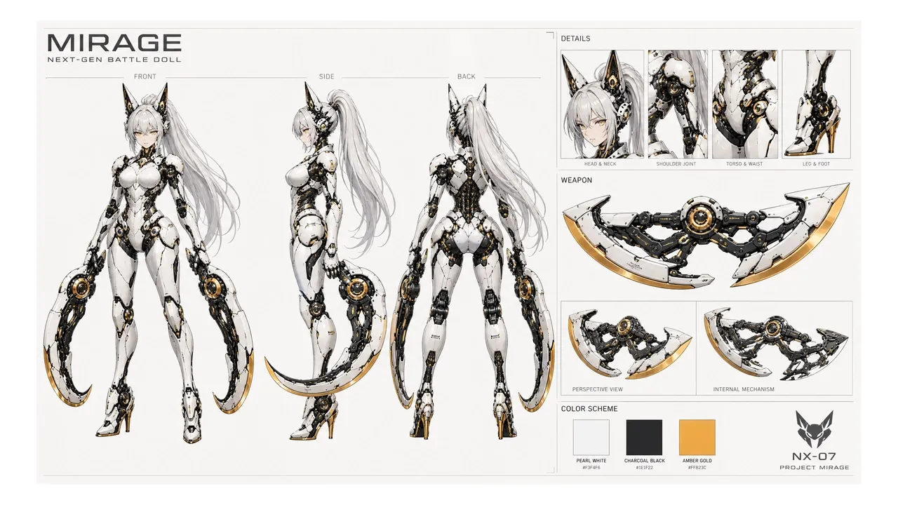 Concept art of a futuristic battle doll with mechanical features and weapons.