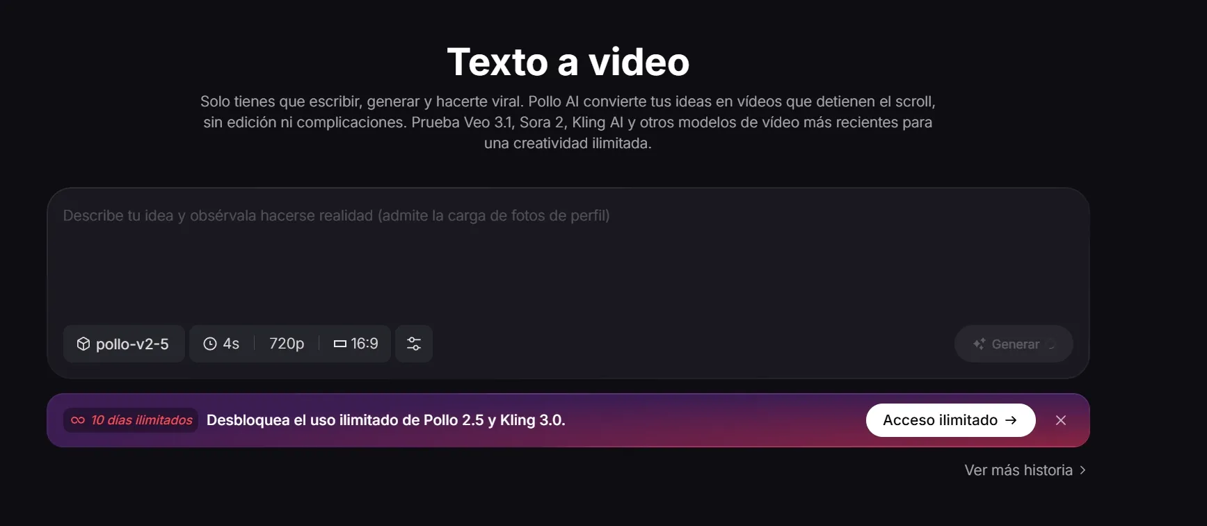 captura de pantalla del generador de video a partir de texto de Pollo AI