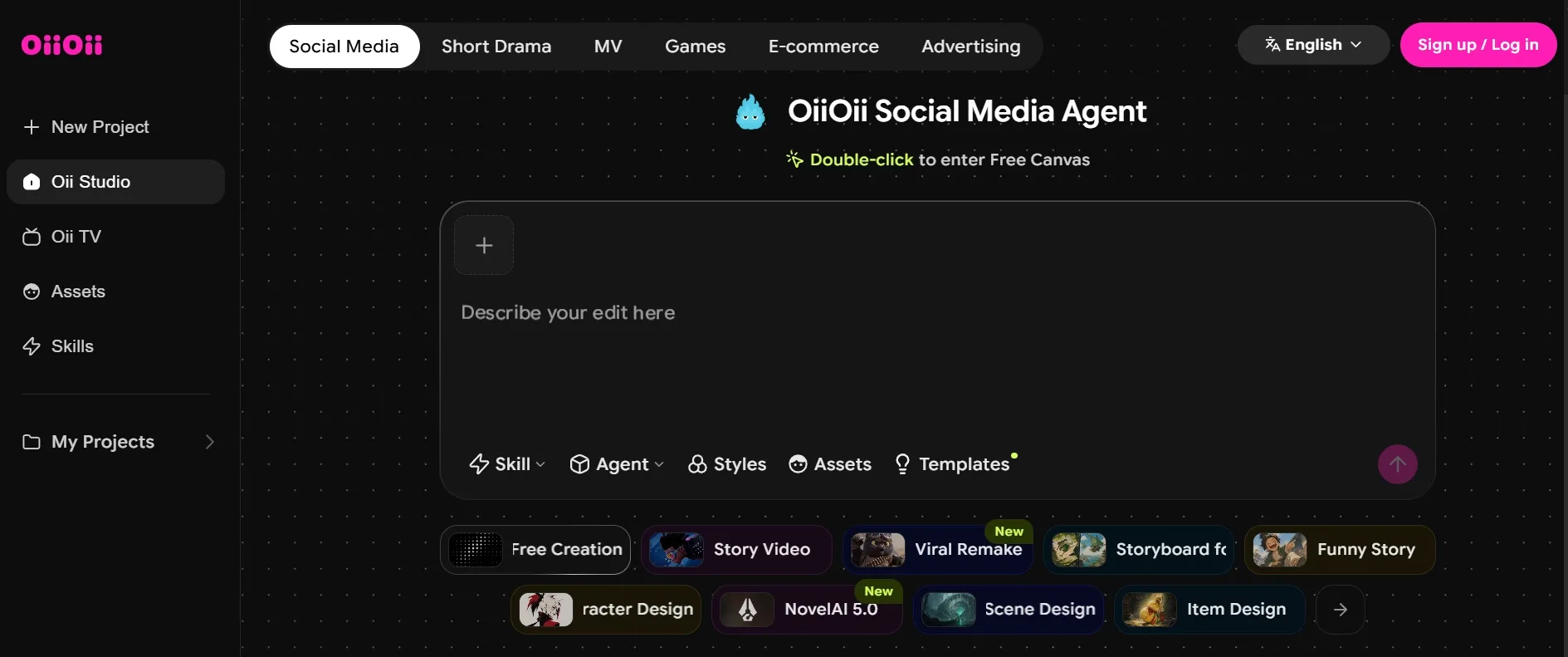 User interface of OiiOii Social Media Agent with project options.