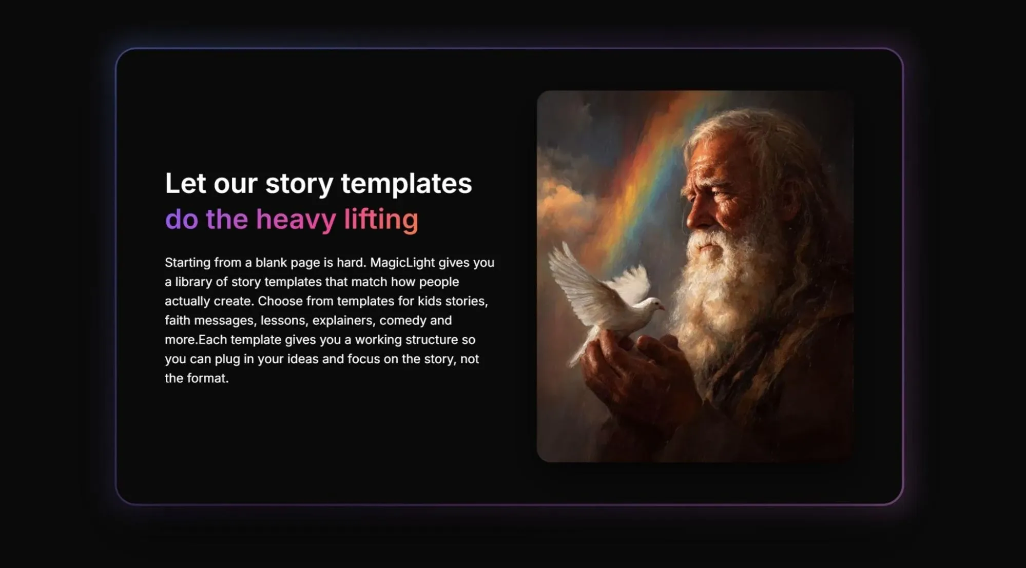Purple edged dark function card, oil painting of bearded old man with dove and rainbow, introducing AI story template creation tool