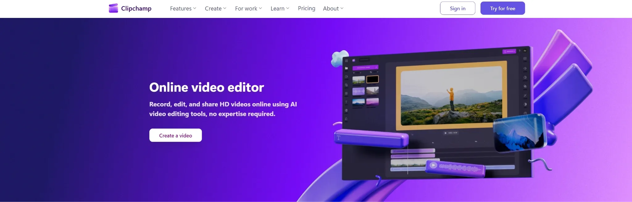 An online video editor interface showcasing editing tools and a video preview.