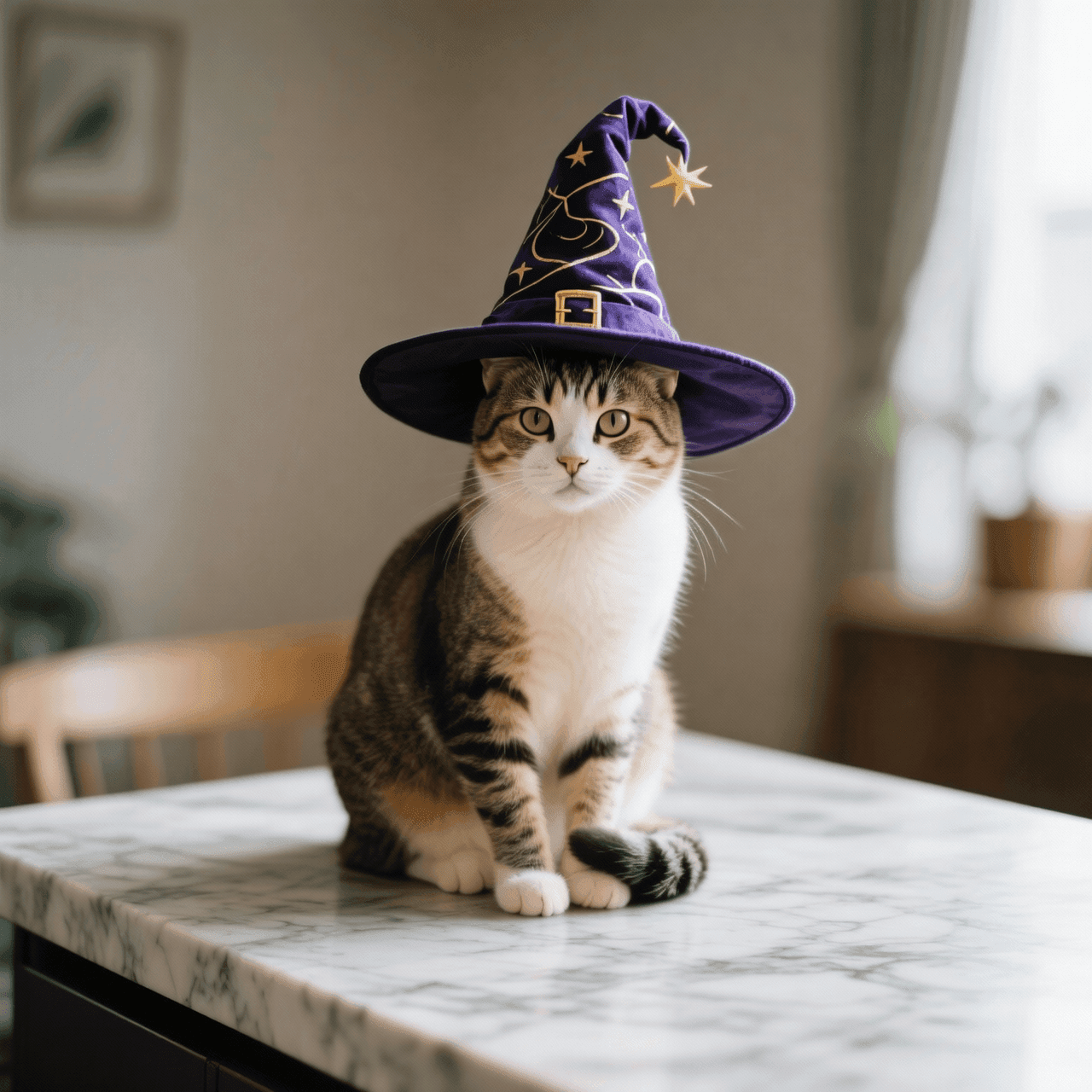 Gata bruja en mesa de mármol.