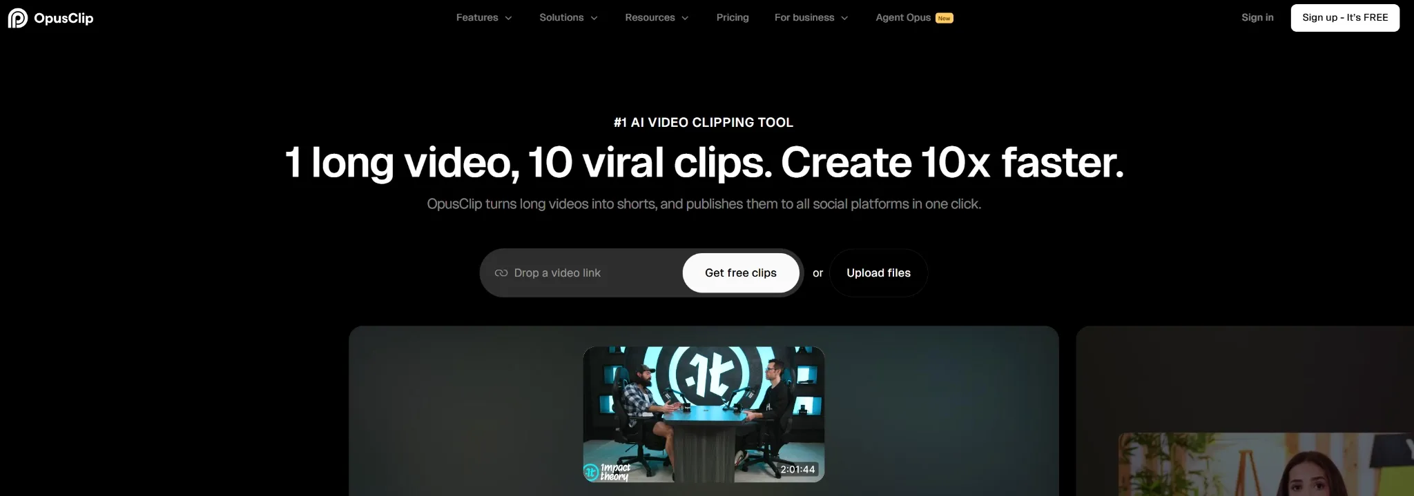 OpusClip website promoting AI video clipping tool for creating viral clips.