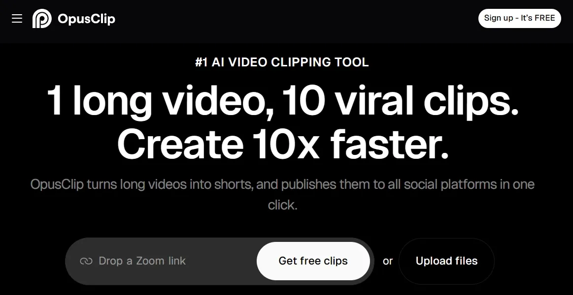 OpusClip wirbt für ein KI-gestütztes Video-Clipping-Tool, mit dem sich schnell virale Clips erstellen lassen.
