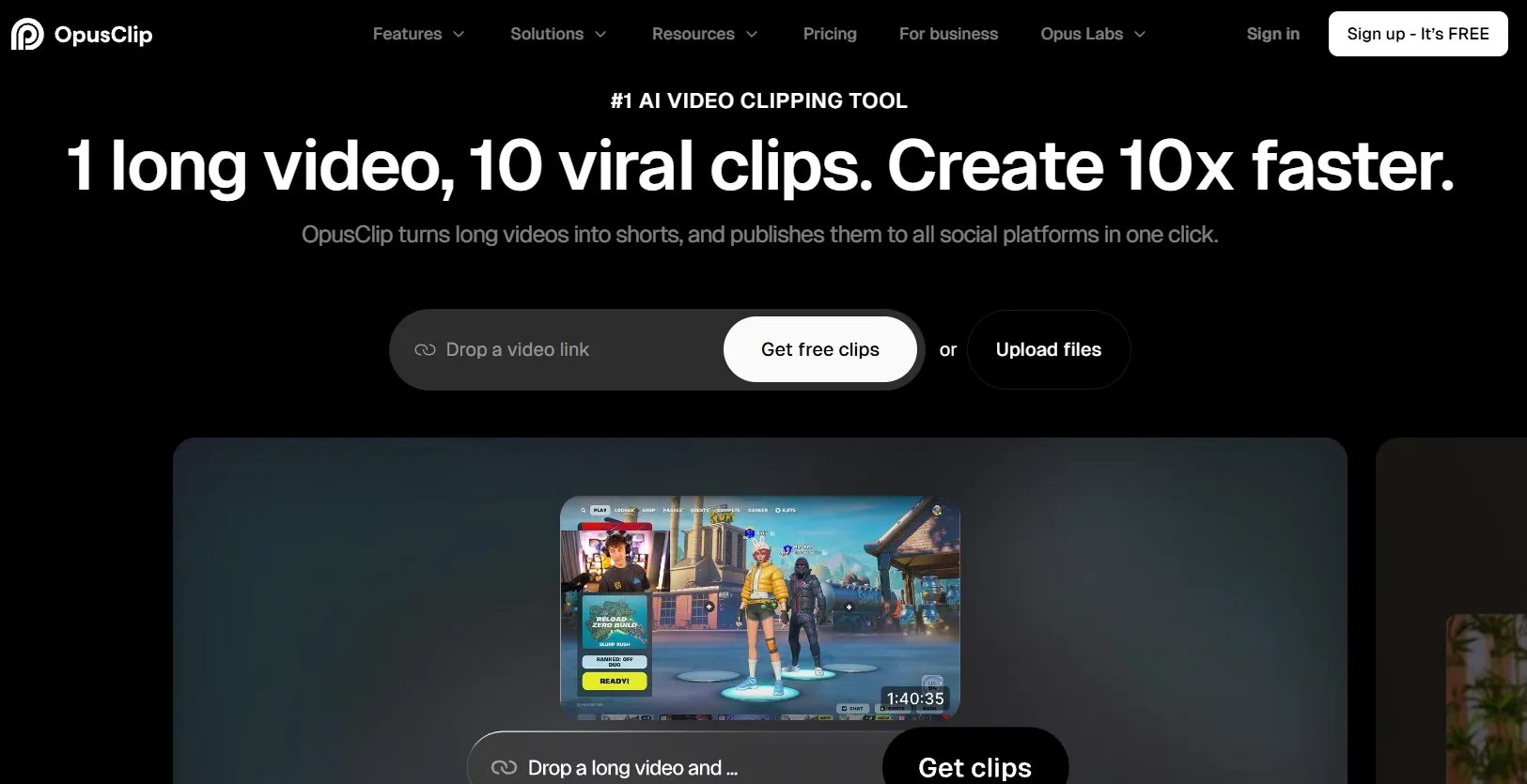 Site do OpusClip mostrando recursos e interface de recorte de vídeo.