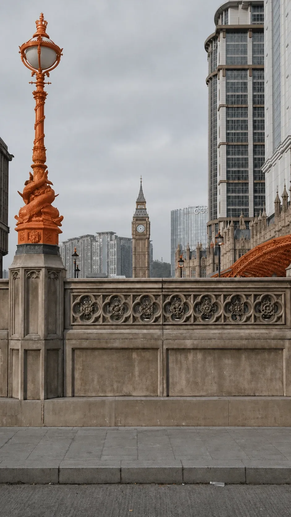 An orange lamp post with Big Ben in the background against a cloudy sky.