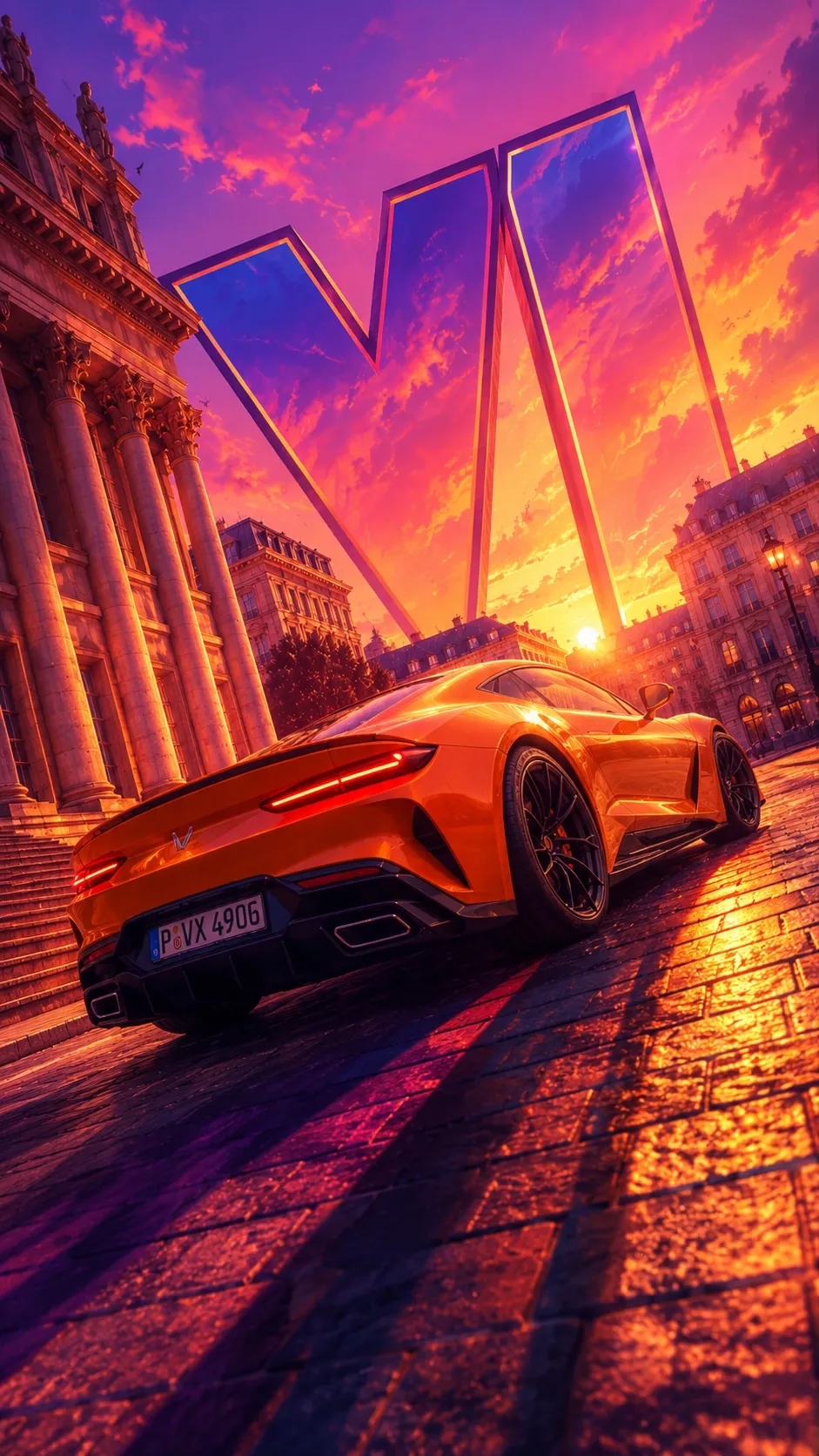 Ein orangefarbener Sportwagen vor einer malerischen Abendkulisse.
