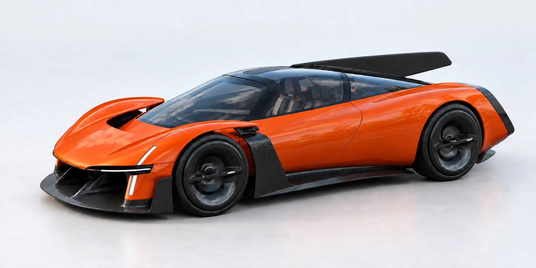 Ein orangefarbener Sportwagen mit aerodynamischem Design und schwarzem Spoiler.