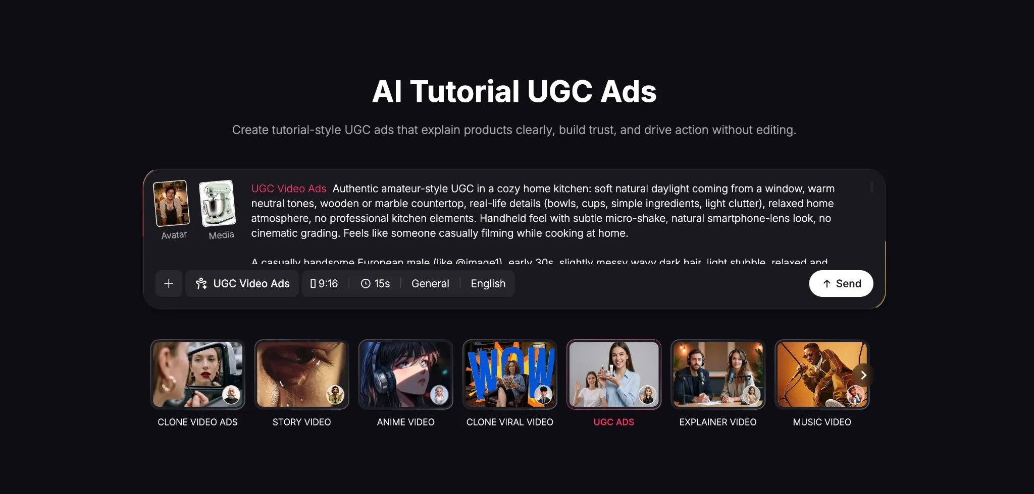 Oversigt over AI-vejledningsannoncer med brugergenereret indhold med forskellige videostile og beskrivelser.