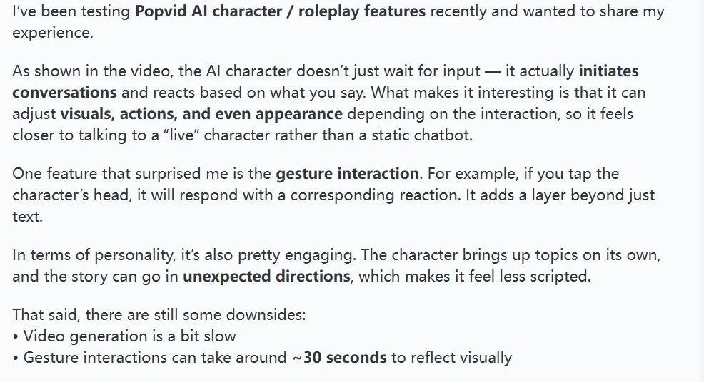 Overview of Popvid AI character features and user experience.