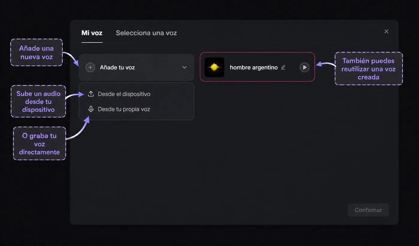 Panel para añadir una nueva voz o seleccionar una voz clonada en Pollo AI