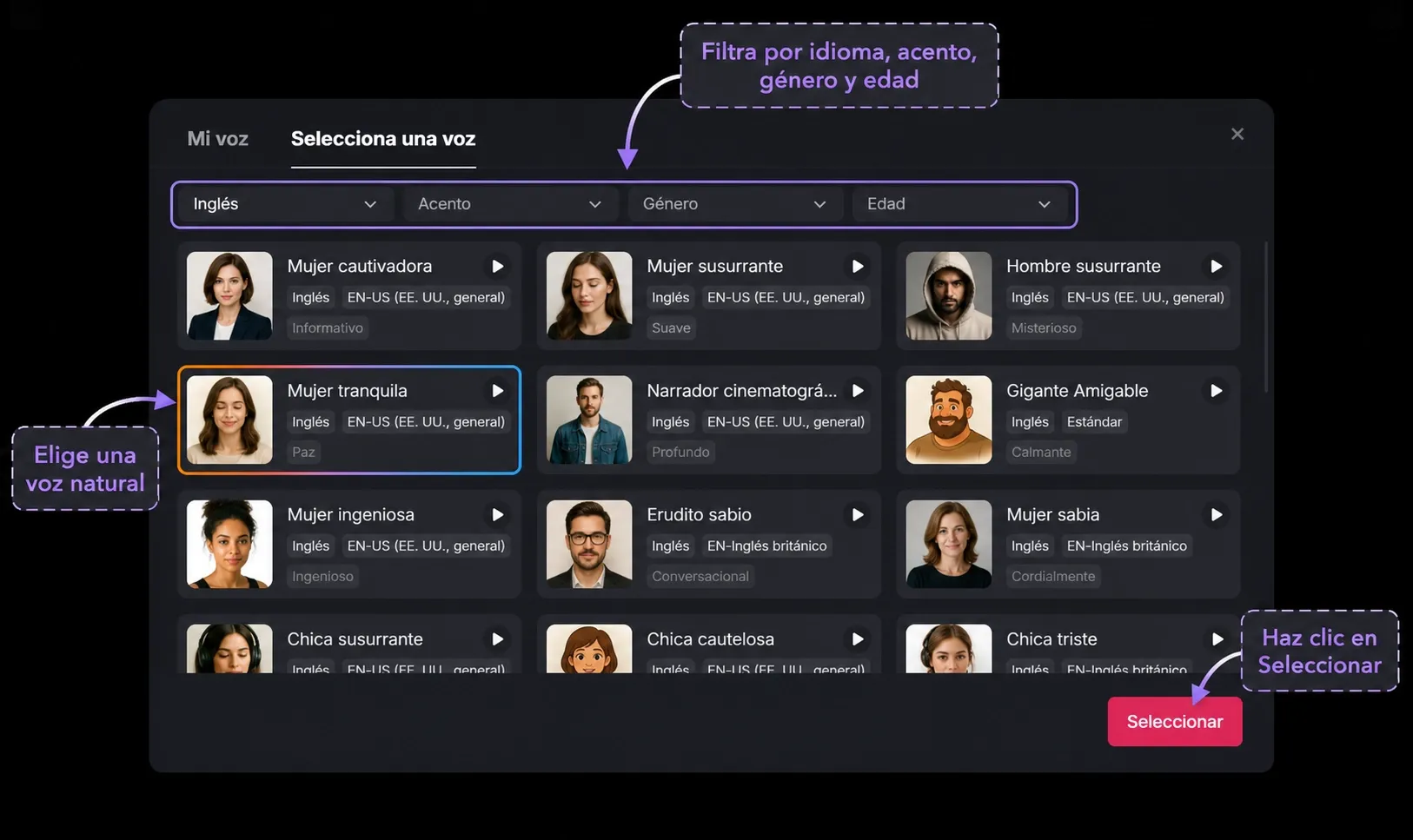 Panel para filtrar y seleccionar una voz natural en Pollo AI