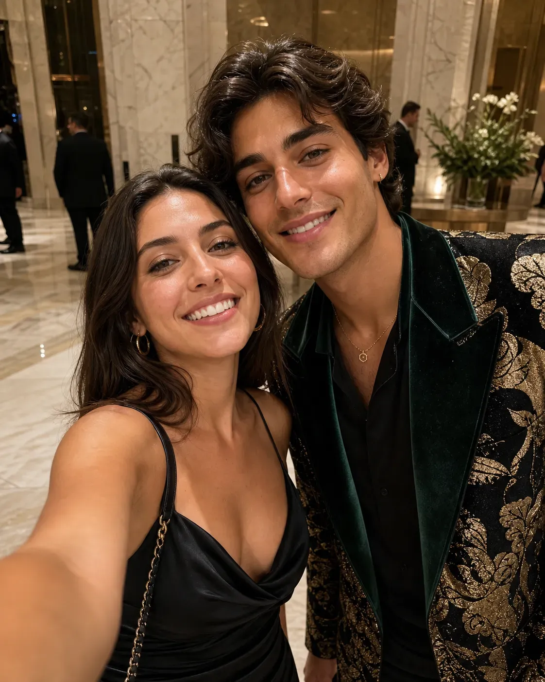 Selfie IA con una celebridad ficticia de moda en un evento elegante