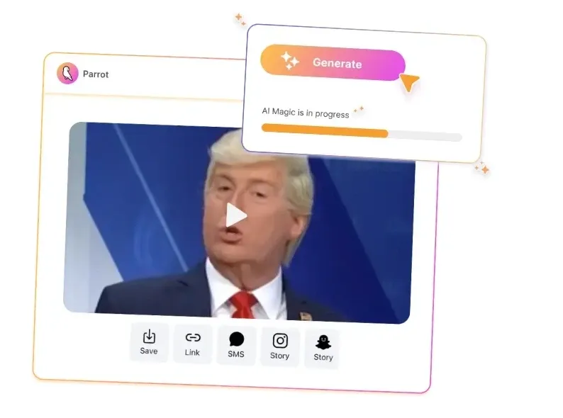 Parrot AI video-genereringsværktøjsgrænseflade, der viser statuslinje og delingsmuligheder