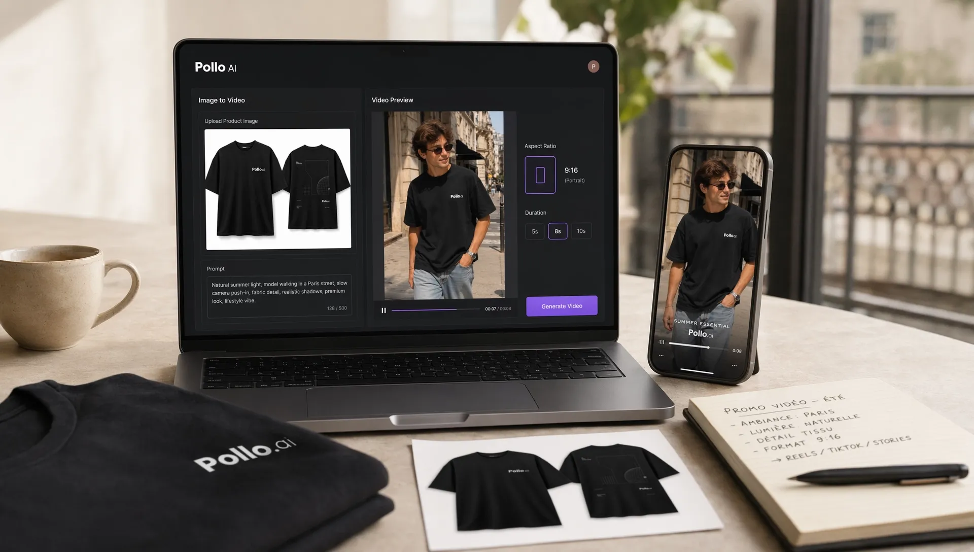 Workflow Pollo AI pour transformer une photo produit de T-shirt en vidéo promo de soldes