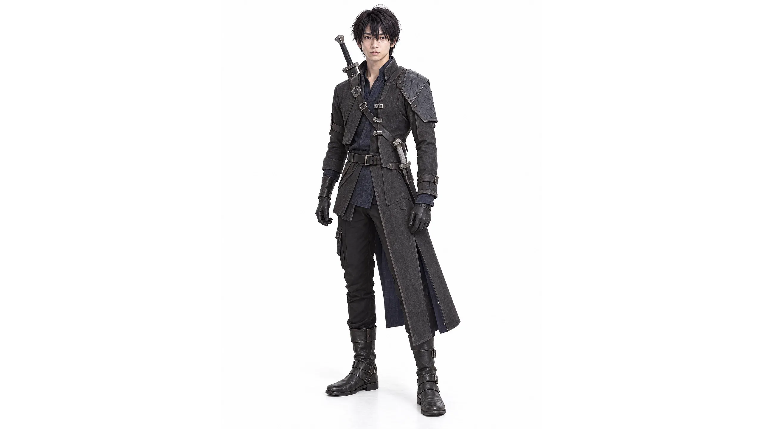 A person in a dark costume stands confidently with a sword.