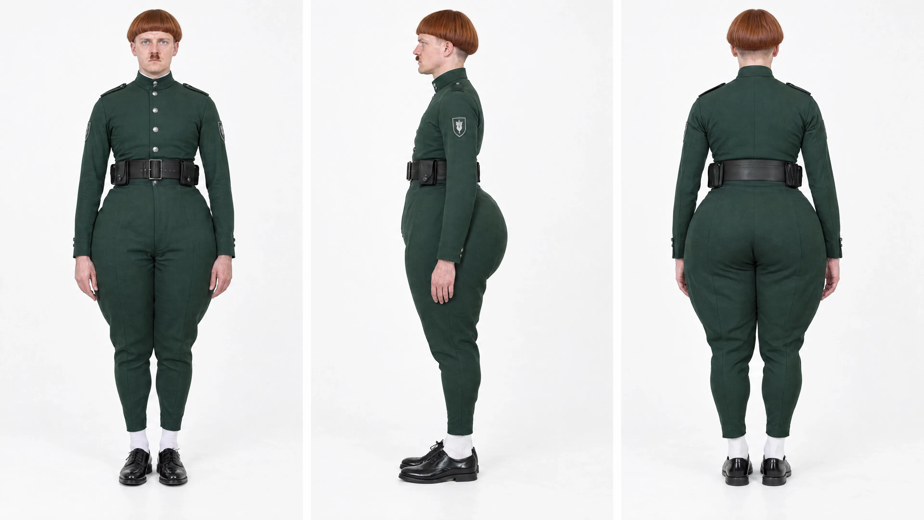 A person wearing a green uniform with a belt, shown from front, side, and back.