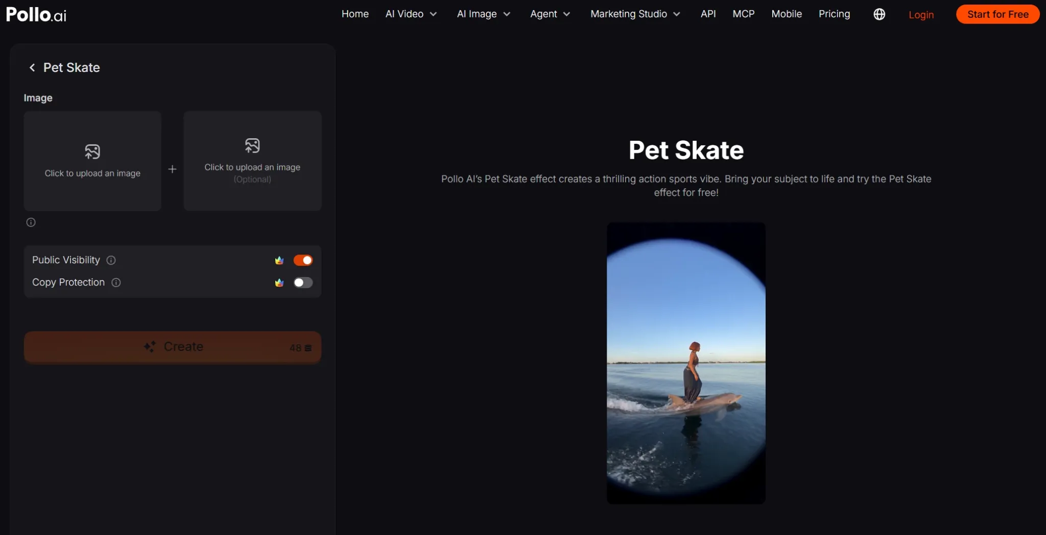 A person riding a skateboard on water with a scenic background.