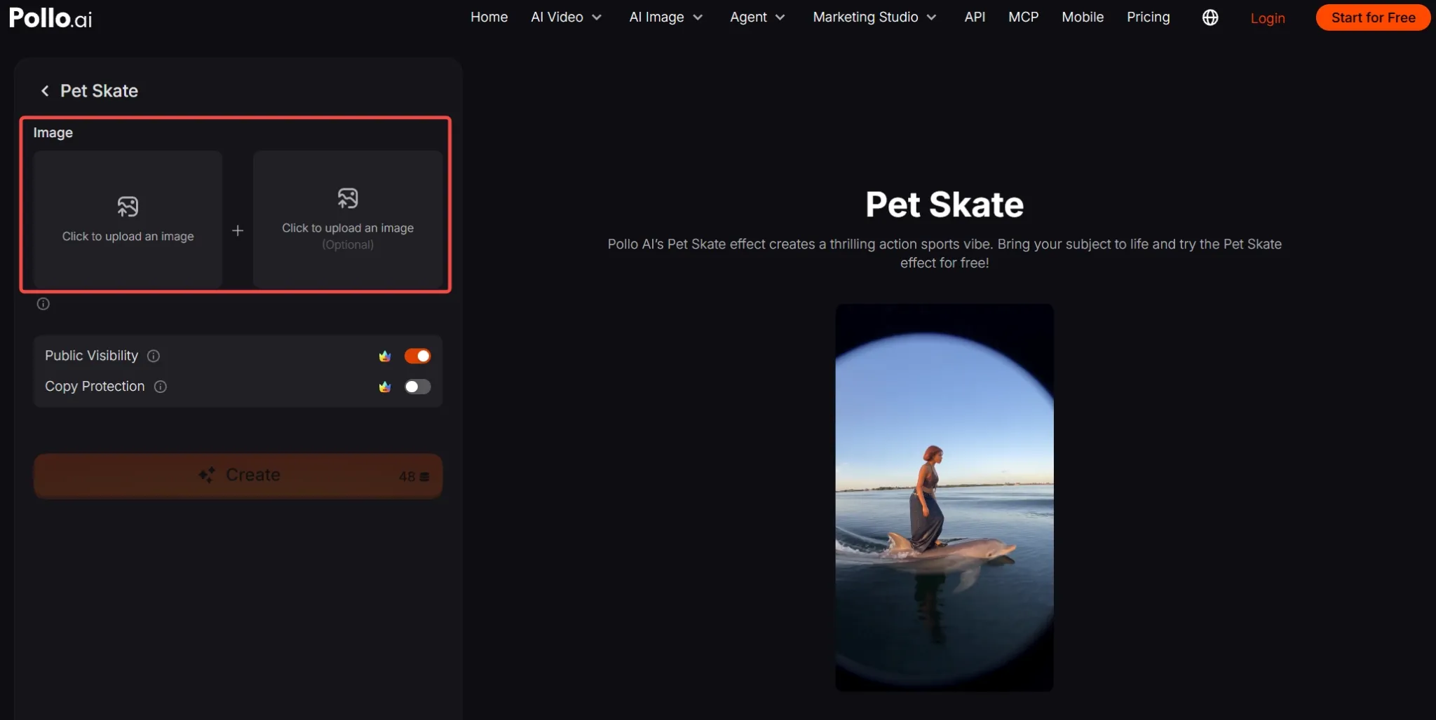 Interface for uploading images to the Pet Skate effect on Pollo.ai.
