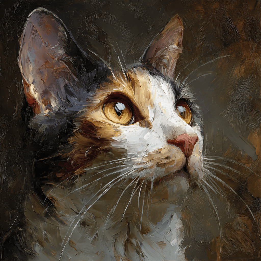 An oil painting of a calico cat with golden eyes, rendered in thick, textured brushstrokes