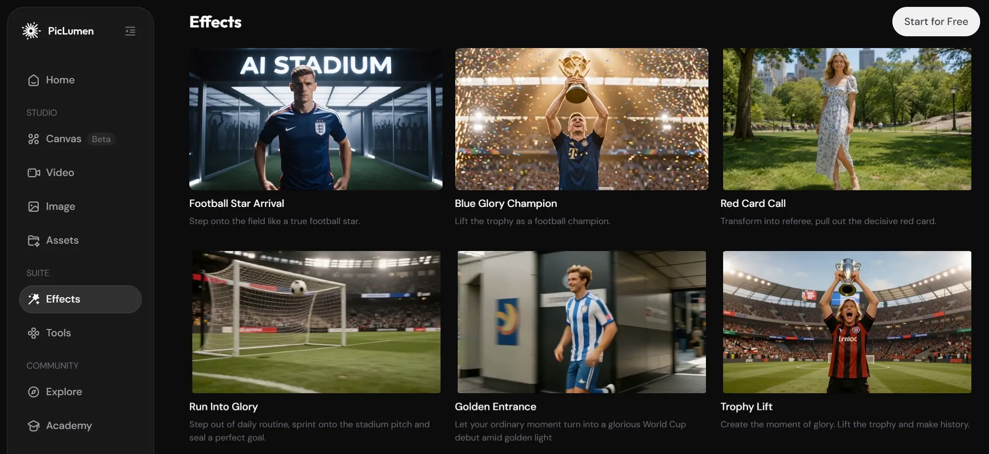 PicLumenのエフェクトページには、サッカーをテーマにしたAIビデオエフェクトテンプレートが表示されています。
