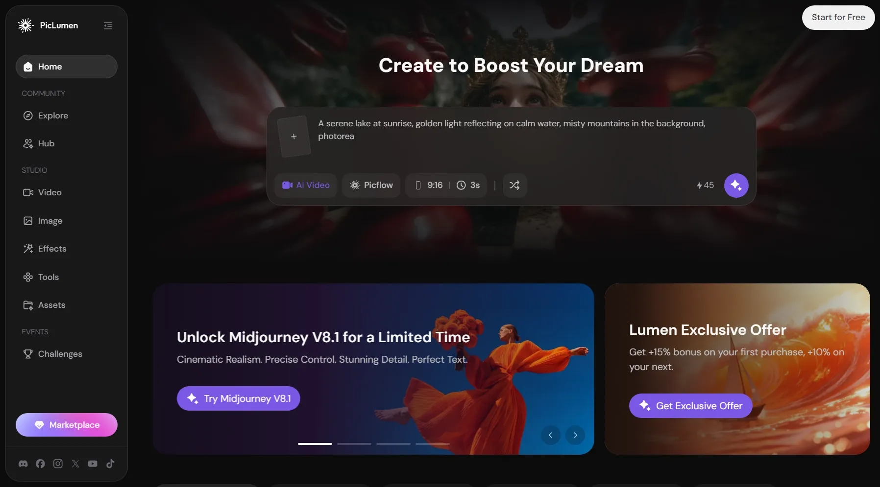 Antarmuka digital yang menampilkan fitur dan penawaran dari PicLumen.